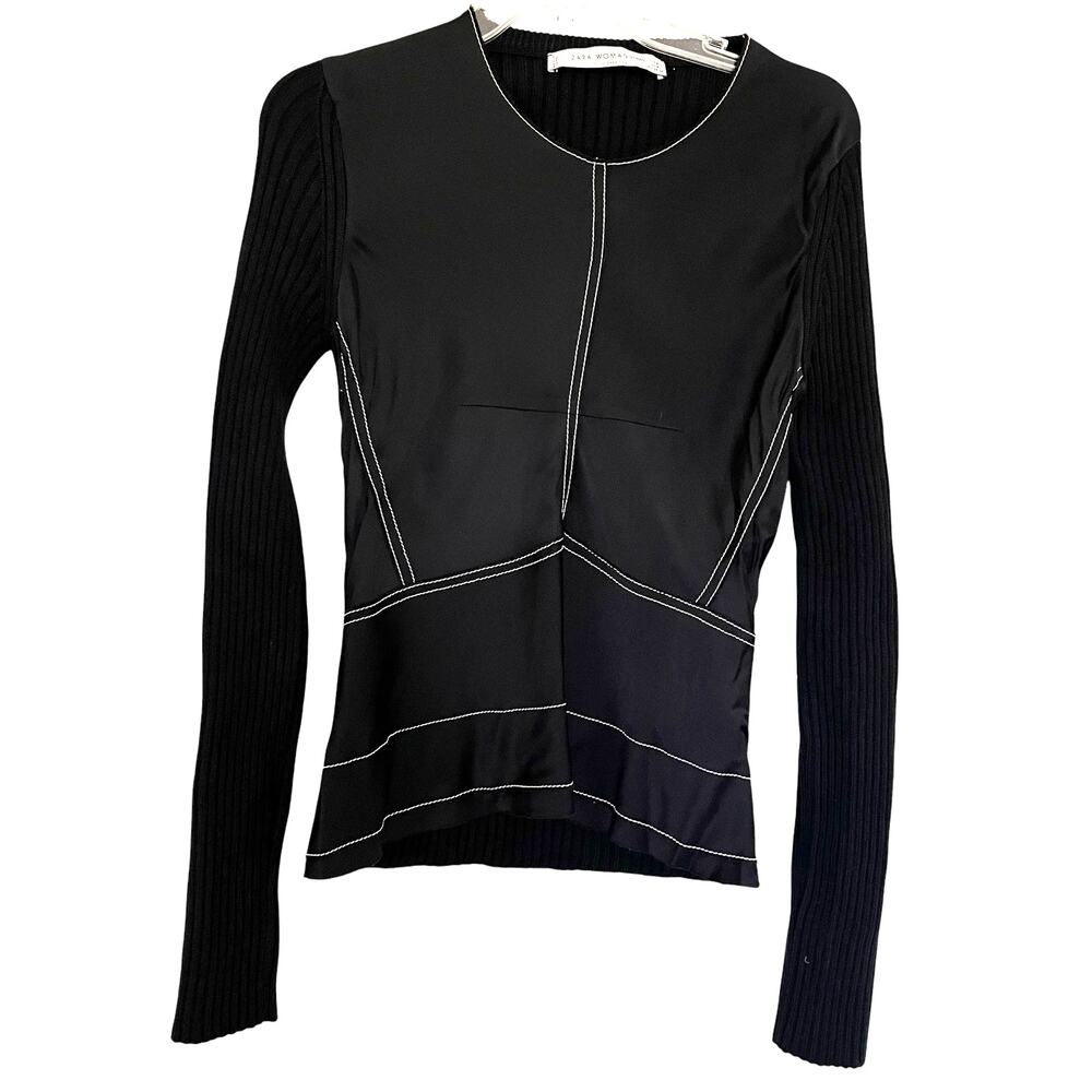 Zara Black Contrast Stitch Ribbed Knit Long Sleeve Wool Sweater Top Size M/L
